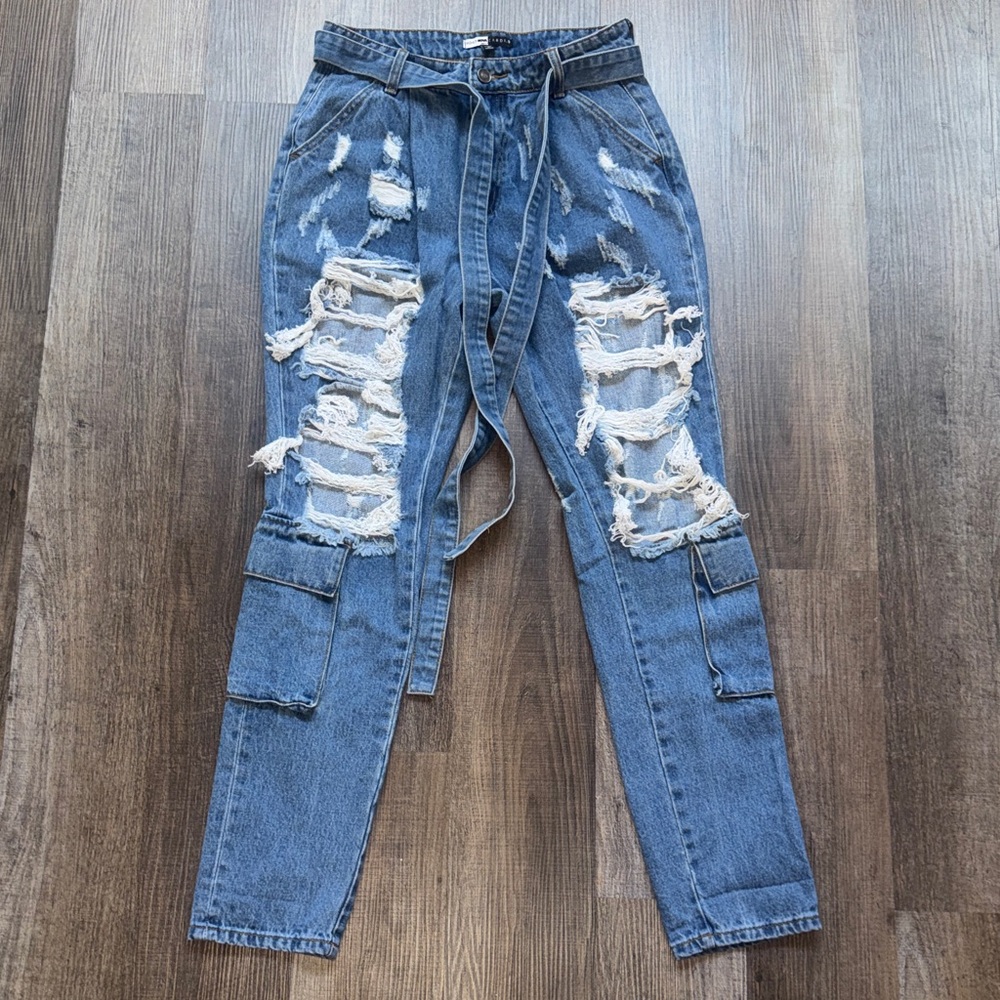 Fashion Nova Blue Distressed Boyfriend Cargo Jeans with Self-Tie Belt